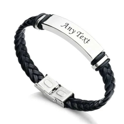 Men's Leather Bracelets Stainless Steel ID Bar Custom Name Date Logo Customised Bangle & Bracelet Male Jewelry