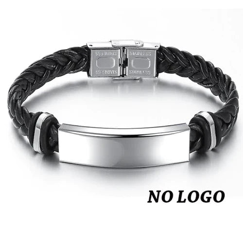 Men's Leather Bracelets Stainless Steel ID Bar Custom Name Date Logo Customised Bangle & Bracelet Male Jewelry